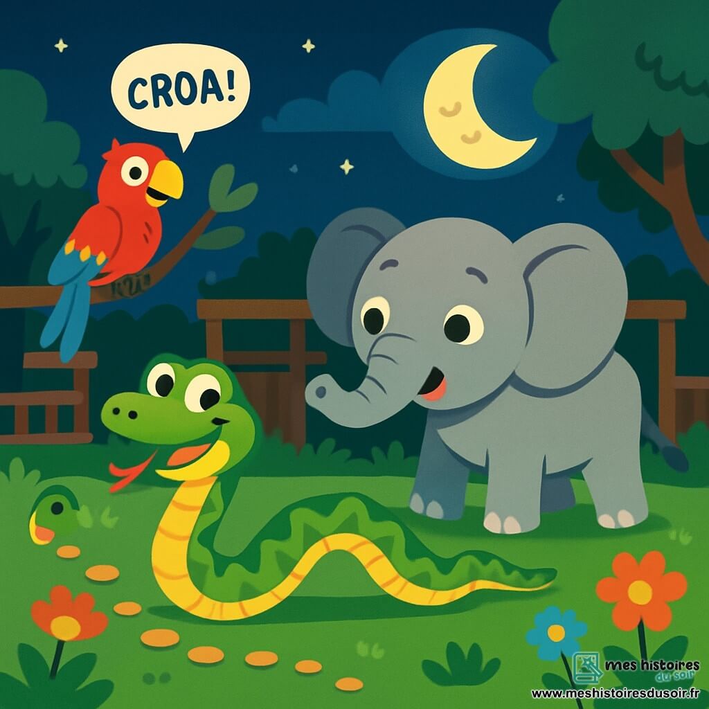 Un serpent luisant aux écailles vertes et jaunes se faufile dans l'herbe avec un sourire malicieux. À côté, un éléphant gris aux grandes oreilles renifle l'air avec sa trompe. Un perroquet aux plumes rouges, bleues et vertes est perché sur une branche, criant "Croa !". La scène se déroule dans un zoo nocturne, éclairé par la lune, entouré d'enclos en bois et d'arbres feuillus, avec des fleurs colorées dans l'herbe. Le serpent, l'éléphant et le perroquet suivent ensemble une trace de miettes de gâteau, riant et prêts à résoudre le mystère du gâteau disparu.