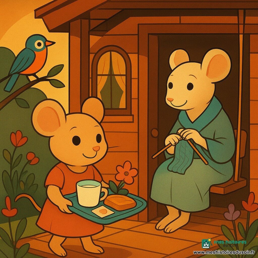 Pivoine, petite souris anthropomorphe au visage rond, pelage beige rosé et yeux brillants, tient à deux mains un petit plateau bleu peint de fleurs avec une tasse de lait, une tartine au miel, une fleur rose et une carte dessinée; sa mère, souris adulte plus grande au pelage crème, sourit, assise sur une balançoire en bois devant la porte avec des aiguilles à tricoter et une écharpe bleu ciel sur les genoux, la regardant avec surprise et affection; un petit oiseau coloré perché à gauche du porche observe la scène; la maisonnette en bois chaleureuse a des rideaux jaunes, un porche à lattes et des pots de fleurs rouges et mauves bordant le sentier, baignée d'une lumière du soir dorée; Pivoine pose délicatement le plateau sur la table pendant que sa mère applaudit doucement, ambiance tendre aux couleurs chaudes, formes simples et lignes épurées.
