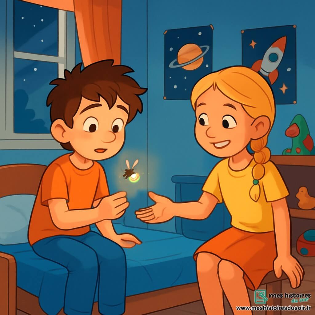 Lucas, un garçon de 12 ans aux cheveux bruns en bataille et aux yeux curieux, est assis sur son lit, tenant une luciole lumineuse qu'il considère comme son amie. À ses côtés, Emma, une fille de 11 ans avec des cheveux blonds tressés et un sourire bienveillant, l'encourage à surmonter sa peur. La scène se déroule dans une chambre d'enfant chaleureuse, peinte en bleu ciel et décorée de posters d'astronomie. Lucas, déterminé mais nerveux, regarde autour de lui, prêt à affronter l'obscurité, tandis qu'Emma lui tend la main pour explorer les mystères de la nuit.