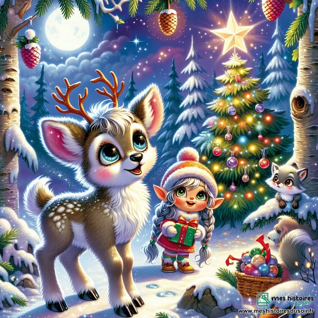 Un jeune renne au pelage argenté, avec des bois en boutons et un petit toupet sombre, regarde émerveillé une étoile scintillante au sommet d'un sapin de Noël. Ses grands yeux brillent d'excitation sur la neige étincelante, entouré de flocons de neige. À ses côtés, une lutinette aux cheveux tressés et portant un bonnet rouge orné d'un grelot sourit malicieusement, tenant un paquet coloré. Un renard argenté, curieux, observe la scène depuis un rocher. La clairière enchantée est illuminée par la lune et des lanternes en forme de pommes de pin, créant une atmosphère magique. Le renne lève la tête vers l'étoile brillante, tandis que la lutinette et le renard l'encouragent, prêts à célébrer la magie de Noël.