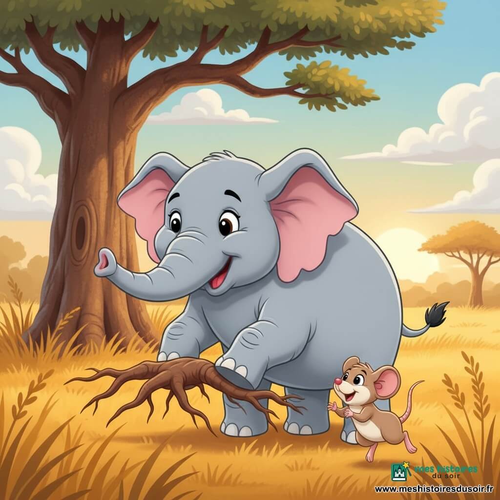 Un éléphant gris clair, rond et souriant, aux grandes oreilles roses et aux yeux doux, soulève avec sa trompe courbée une grosse racine brune pour aider une petite souris beige aux grandes oreilles et yeux brillants, placée au premier plan à droite ; en arrière-plan, une savane dorée aux herbes jaune-orangé et un grand baobab sous un ciel bleu pastel parsemé de nuages blancs, scène chaleureuse, couleurs contrastées et formes simples, composition claire pour très jeune enfant.