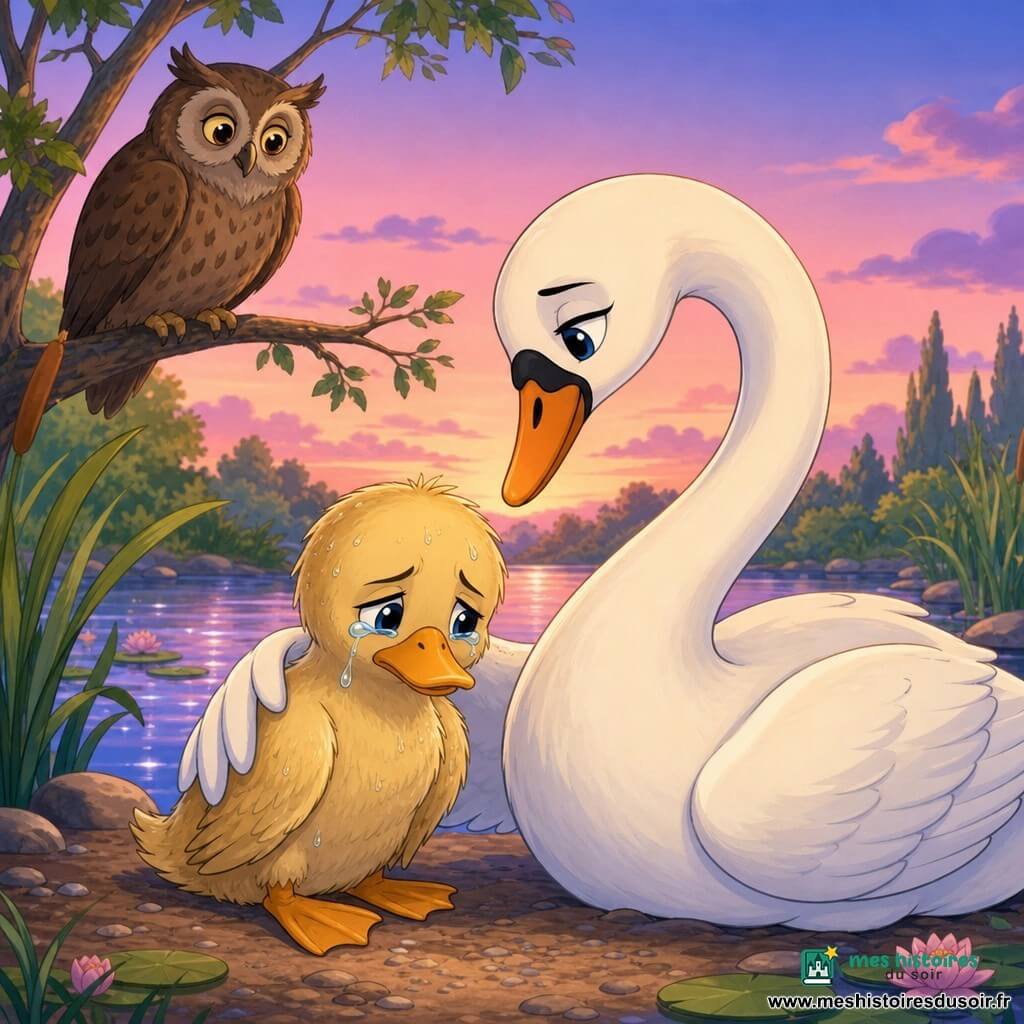 Un petit canard triste aux yeux humides et plumes légèrement mouillées est réconforté par un grand cygne blanc au cou élégant qui pose doucement une aile sur son épaule ; en arrière-plan un vieux hibou aux yeux sages observe depuis une branche basse, le tout sur une rive de rivière au crépuscule avec eau miroitante, roseaux et nénuphars, lumière douce et atmosphère chaleureuse, style couleurs vives mais pastel et contours nets typiques des dessins animés des années 90.