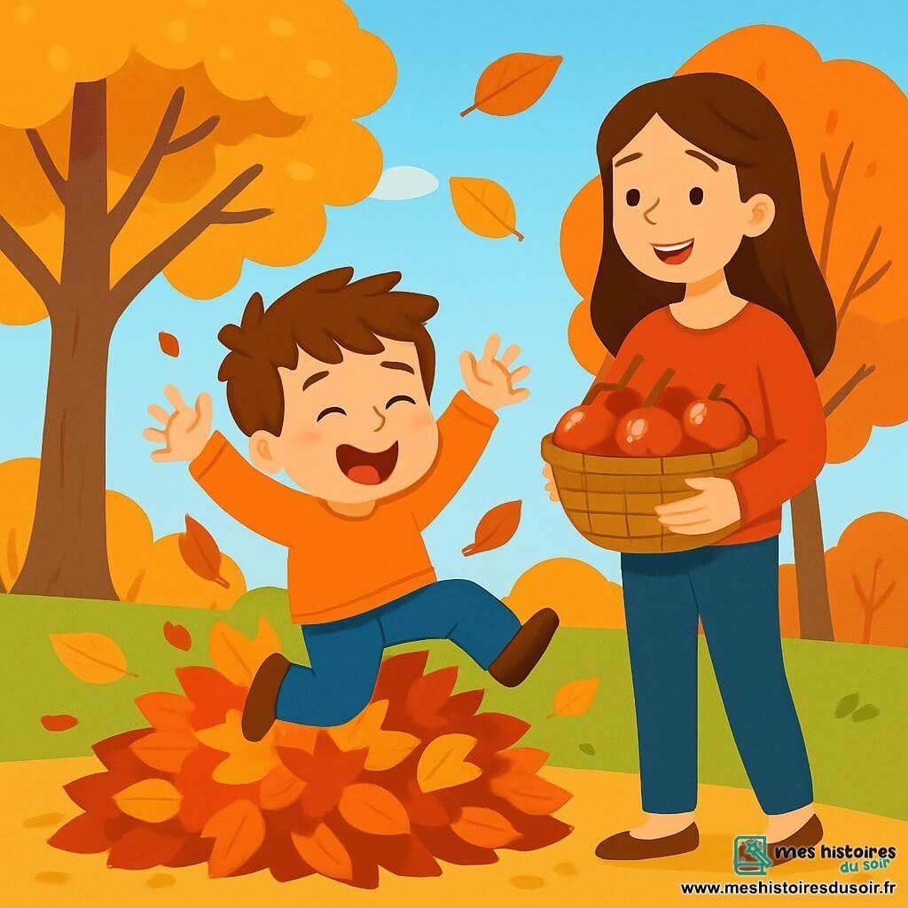 Un petit garçon de 4 ans, Tom, saute dans un tas de feuilles d'automne. Il a des cheveux bruns en bataille, des yeux pétillants, des joues roses et porte un pull orange vif et un pantalon en jean. Sa maman, une femme d'environ 30 ans avec de longs cheveux châtains, tient un panier de pommes rouges et le regarde avec tendresse, prête à l'aider à ramasser les feuilles. Le jardin est en automne, avec des arbres aux feuilles dorées, oranges et rouges, sous un ciel bleu clair. Tom s'amuse à sauter dans les feuilles, riant, tandis que sa maman l'observe, créant une scène joyeuse et colorée.