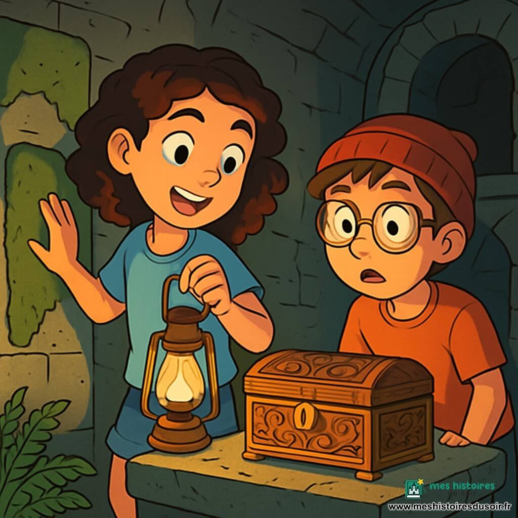 Lila, une fille de 12 ans aux cheveux bruns bouclés et aux yeux curieux, se tient devant une vieille dalle de pierre recouverte de mousse, excitée et émerveillée. Elle porte un t-shirt bleu clair et un short en jean, tenant une lampe à pétrole d'une main tout en touchant la pierre de l'autre. À ses côtés, Noé, un garçon de 12 ans avec un bonnet rouge et des lunettes, observe la dalle avec appréhension et enthousiasme. Ils se trouvent dans une crypte sombre et mystérieuse, avec des murs en pierre, des niches vides et des fougères. Ils découvrent un trésor caché, un coffret en bois sculpté, sur une table au centre de la crypte, prêts à en révéler le contenu.