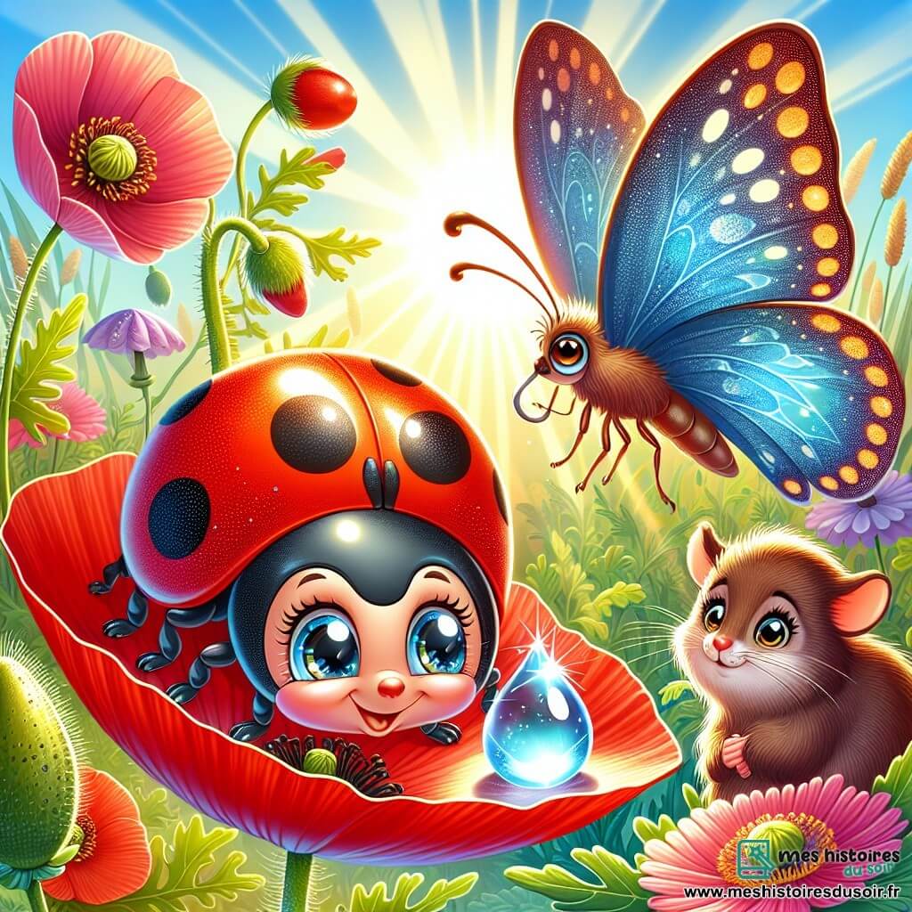 Une coccinelle joyeuse, avec une carapace rouge vif et sept tâches noires, se tient sur un pétale de coquelicot, exprimant émerveillement et curiosité. À ses côtés, un papillon aux ailes bleu et jaune vole gracieusement, souriant à la coccinelle. Un mulot brun, inquiet mais curieux, se cache derrière une feuille, prêt à aider. Le jardin luxuriant est rempli de fleurs colorées et de rayons de soleil. Une goutte de rosée scintillante repose sur une feuille, et la coccinelle s'apprête à la toucher, prête à découvrir les secrets du jardin enchanté.