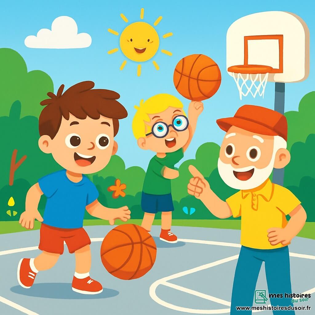 Il y a trois personnages : Lucas, un garçon de 8 ans avec des cheveux bruns en bataille, un grand sourire, un t-shirt bleu vif et des shorts rouges, qui dribble un ballon de basketball orange ; Tom, un garçon de 7 ans avec des cheveux blonds et des lunettes rondes, portant un t-shirt vert et des pantalons courts, qui essaie de lancer le ballon vers le panier ; et Monsieur Jules, un homme âgé avec des cheveux gris et une barbe bien taillée, portant un chapeau rouge et un polo jaune, qui montre aux garçons comment dribbler. Ils se trouvent sur un terrain de basketball en plein air, entouré d'arbres et de fleurs, avec un sol en béton lisse et un ciel bleu clair. Lucas et Tom s'entraînent, Lucas dribblant et Tom se préparant à tirer, tandis que Monsieur Jules les encourage sous un soleil radieux.