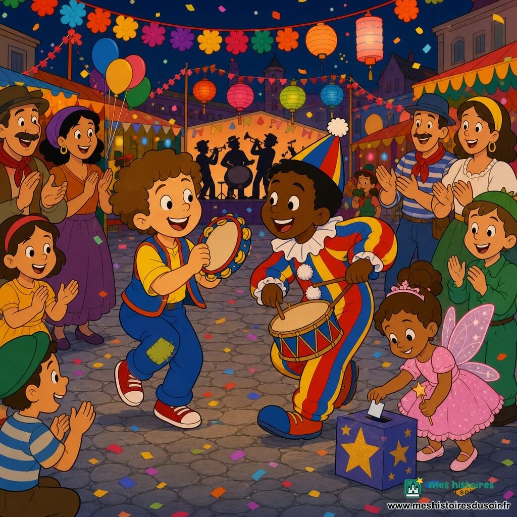 Timothée, 6 ans, cheveux bouclés, souriant, joue du tambourin en dansant sur la place du carnaval; Lucas, 6 ans, en costume de clown rayé rouge, jaune et bleu, frappe un petit tambour en riant, complice; une fillette d'environ 5 ans déguisée en fée en robe rose et ailes scintillantes tient un papier près d'une boîte en carton décorée d'étoiles où elle dépose une idée; la place pavée est bordée de stands en bois colorés, guirlandes, ballons et lampions, des musiciens sont au loin; au centre, les deux garçons dansent au milieu d'un cercle de spectateurs souriants sous des lanternes orangées et des confettis, ambiance joyeuse.