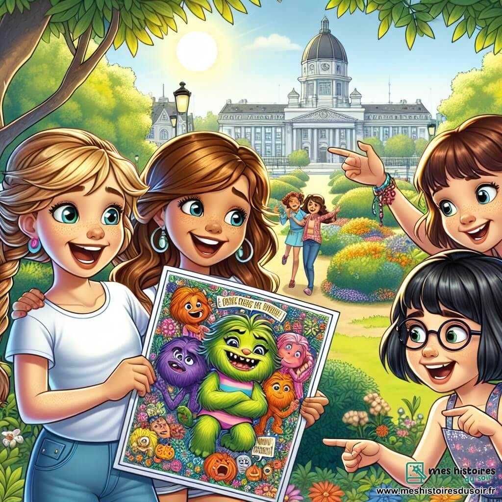 Dans un parc ensoleillé, quatre filles joyeuses se tiennent ensemble. Clara, 10 ans, avec des cheveux bruns en tresses, tient une affiche colorée d'un monstre amusant. À côté, Léa, 9 ans, aux cheveux blonds en bataille, rit aux éclats. Chloé, 10 ans, avec des lunettes, pointe l'affiche, amusée. Anaïs, 9 ans, aux cheveux noirs, se cache derrière un buisson en essayant de ne pas rire. Le parc est verdoyant, avec des arbres, des fleurs et un ciel bleu. Les filles rient en observant les réactions des adultes face à l'affiche du "Monstre de Montplaisir", tandis qu'un petit chat curieux s'approche, ajoutant une touche de magie à ce moment hilarant.