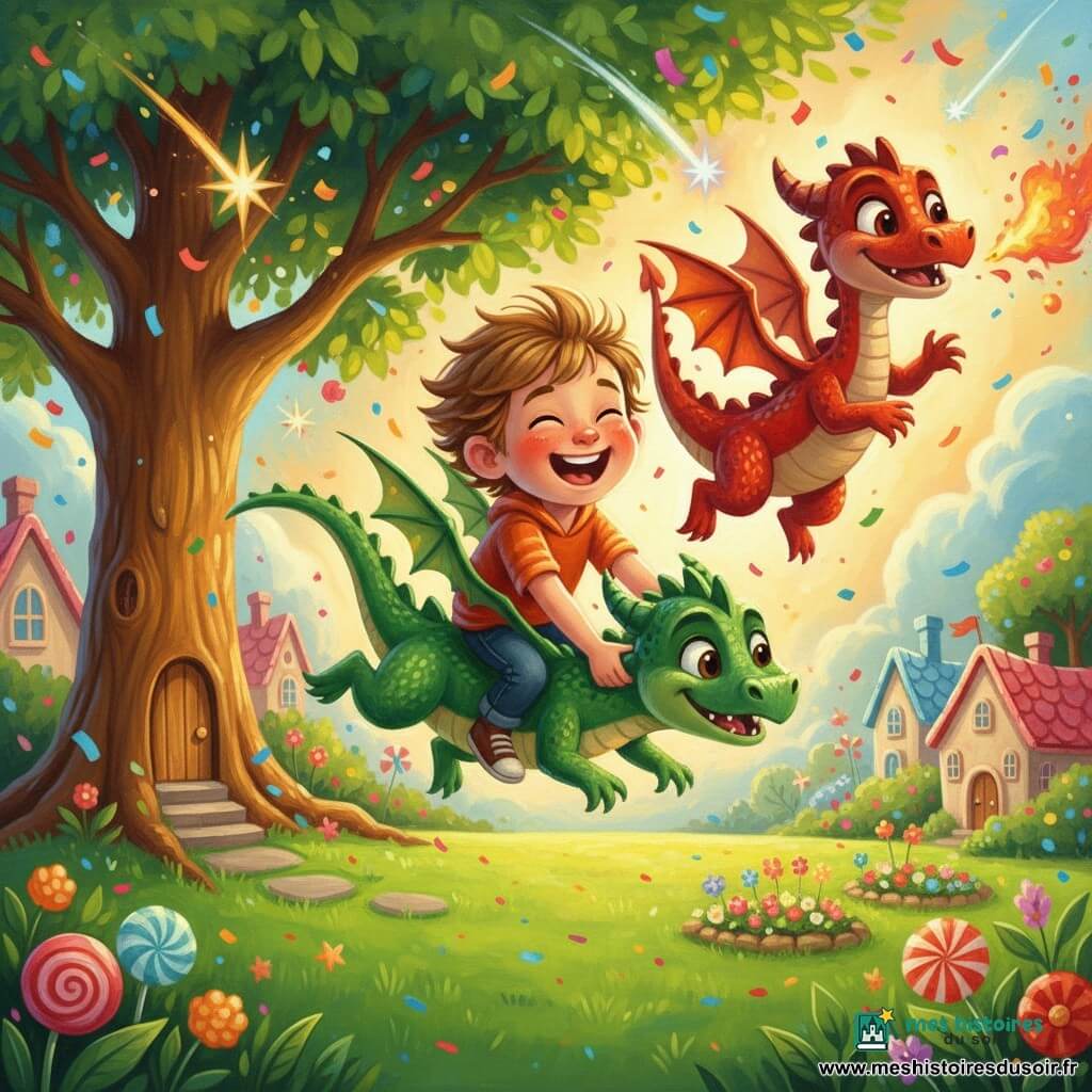 Léo, 4 ans, riant, cheveux châtain clair, tient la crinière d’un petit dragon vert nommé Zippy qui le porte en vol joyeux au‑dessus d’un jardin et d’un village en bonbons tandis qu’un plus grand dragon rouge, Flamme, virevolte en crachant de petites étincelles colorées ; pelouse verte, grand chêne avec porte ronde, parterres fleuris, confettis et étoiles filantes, ambiance lumineuse et chaleureuse, palette vive, peinture acrylique à coups de pinceau visibles et textures épaisses.