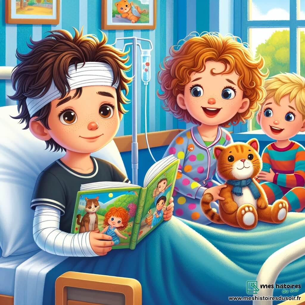 Thomas, un garçon de 10 ans, est assis sur un lit d'hôpital, tenant un livre illustré, avec une expression mêlant curiosité et inquiétude. À ses côtés, Lila, une petite fille de 9 ans aux cheveux bouclés, sourit en tenant une peluche. Max, un autre garçon de 10 ans avec un bras en écharpe, se tient près de la fenêtre, enthousiaste. La chambre d'hôpital est lumineuse, avec des murs bleus et des dessins d'animaux. Ensemble, Thomas, Lila et Max partagent un moment de complicité, rendant l'atmosphère chaleureuse et pleine d'espoir malgré le contexte hospitalier.