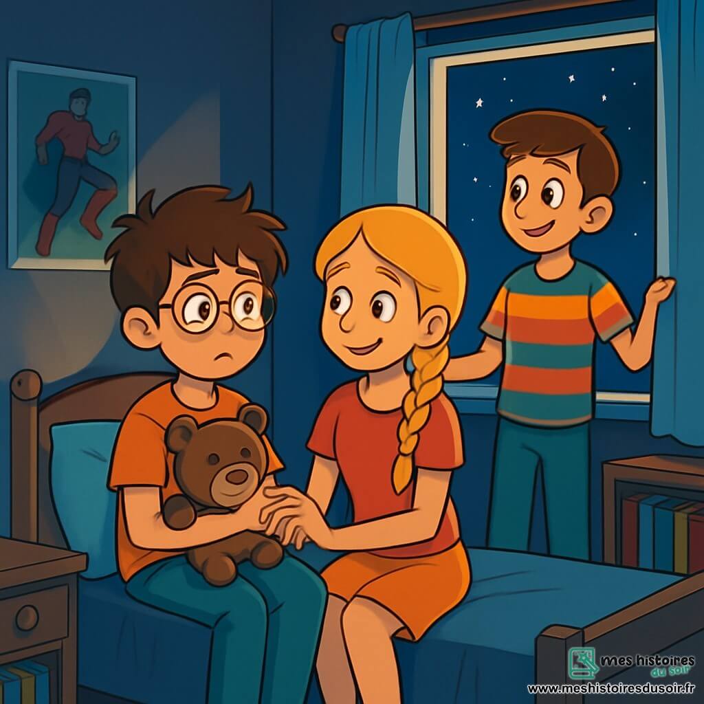 Il y a trois personnages : Martin, un garçon de 12 ans aux cheveux bruns en bataille et lunettes rondes, assis sur son lit avec une peluche et une expression curieuse et anxieuse ; Léa, une fille de 12 ans avec de longs cheveux blonds tressés et un sourire encourageant, assise à côté de lui en lui tenant la main ; et Hugo, un garçon de 12 ans aux cheveux châtains et t-shirt à rayures, debout près de la fenêtre, regardant la nuit étoilée avec confiance. La scène se déroule dans la chambre de Martin, décorée de posters de super-héros, avec une lumière douce et une brise légère. Ils surmontent ensemble la peur du noir, Martin se concentrant sur sa peluche, Léa lui souriant et Hugo lui montrant les étoiles.