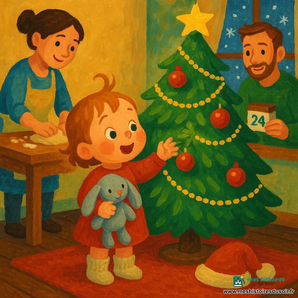 Une fillette de 2 ans, joyeuse et émerveillée, cheveux châtain clair courts, joues roses, tient un doudou lapin gris et touche une branche du sapin décoré; la mère (~30 ans) aux cheveux bruns attachés prépare des biscuits sur une table en bois, la farine aux mains, et le père (~32 ans) à la barbe légère tient une petite boîte de calendrier près de la fenêtre en souriant; salon cosy et lumineux avec parquet foncé, tapis rouge, grand sapin vert aux boules rouges, guirlandes dorées et étoile, fenêtre givrée montrant des flocons; la fillette devant le sapin en bottes de laine, bonnet rouge posé à côté, parents proches, la lumière chaude des guirlandes illumine leurs visages.