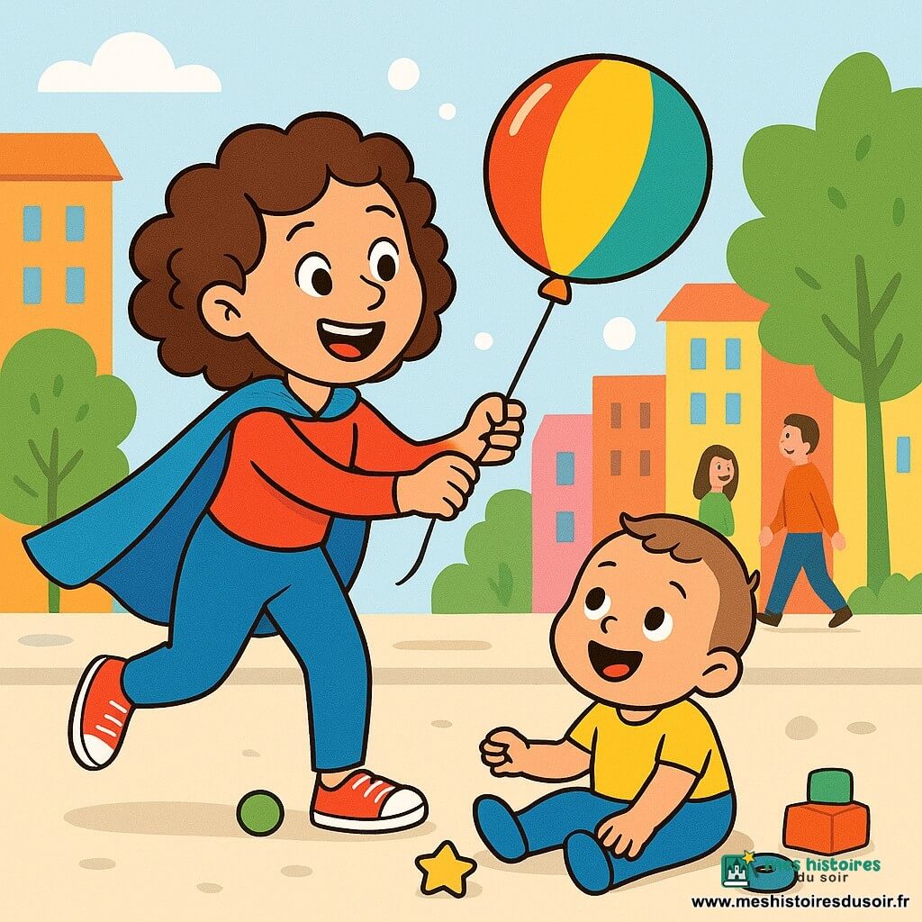 Une femme souriante, Madame Super Lila, porte une cape bleue brillante et des baskets rouges. Elle a des cheveux bouclés et des yeux pétillants de joie. Elle court avec un grand sourire, tenant un ballon coloré. À côté d'elle, un bébé de 2 ans, avec des joues rondes et des yeux émerveillés, regarde le ballon en souriant, assis sur le sol entouré de jouets colorés. Le décor est une rue animée de la ville avec des bâtiments hauts aux façades colorées, des arbres verts et des gens souriants. Des bulles flottent dans l'air, créant une ambiance joyeuse. Madame Super Lila aide le bébé à récupérer son ballon qui a roulé, tout en riant et en s’amusant.