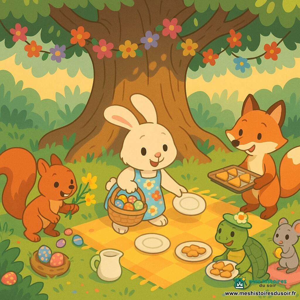 Lapinou, petit lapin blanc crème aux grandes oreilles tombantes, souriant, porte un tablier à fleurs et tient un panier d’œufs multicolores en disposant des assiettes sur une nappe jaune; Écureuil, roux et énergique, tient un bouquet de jonquilles et pose des galets; Tortue, verte et bienveillante, porte un petit chapeau printanier et tient une assiette de sablés assise sur la couverture; Renarde, orange et malicieuse, présente un plateau de biscuits en forme de cloche; Souricette, petite souris grise et timide, tient un œuf brillant près d’un coussin. La scène, sous un grand chêne aux racines épaisses, montre une chasse aux œufs de Pâques et un goûter en plein air sur une grande couverture colorée, avec herbe, guirlandes de fleurs, petits nids cachés et confettis, dans des tons pastel et une lumière douce de coucher de soleil, ambiance chaleureuse et lisible pour enfants.