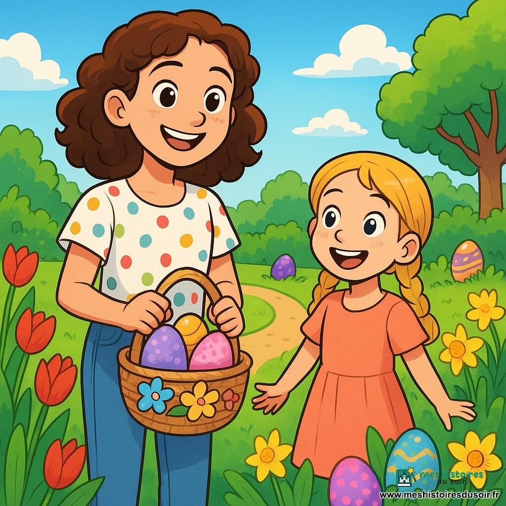Léa, une fille de 12 ans aux cheveux châtains bouclés et aux yeux curieux, se tient dans un jardin ensoleillé, souriante. Elle porte un jean bleu et une chemise à pois colorés, tenant un panier décoré de fleurs. À ses côtés, sa petite sœur Zoé, 6 ans, avec des cheveux blonds en tresses, est impatiente de commencer la chasse aux œufs. Le jardin est rempli de fleurs éclatantes, de tulipes rouges et de jonquilles jaunes, avec des arbres verdoyants en arrière-plan et un ciel bleu parsemé de nuages blancs. Léa et Zoé sont prêtes à chercher des œufs colorés cachés dans les buissons, créant une atmosphère joyeuse de Pâques.
