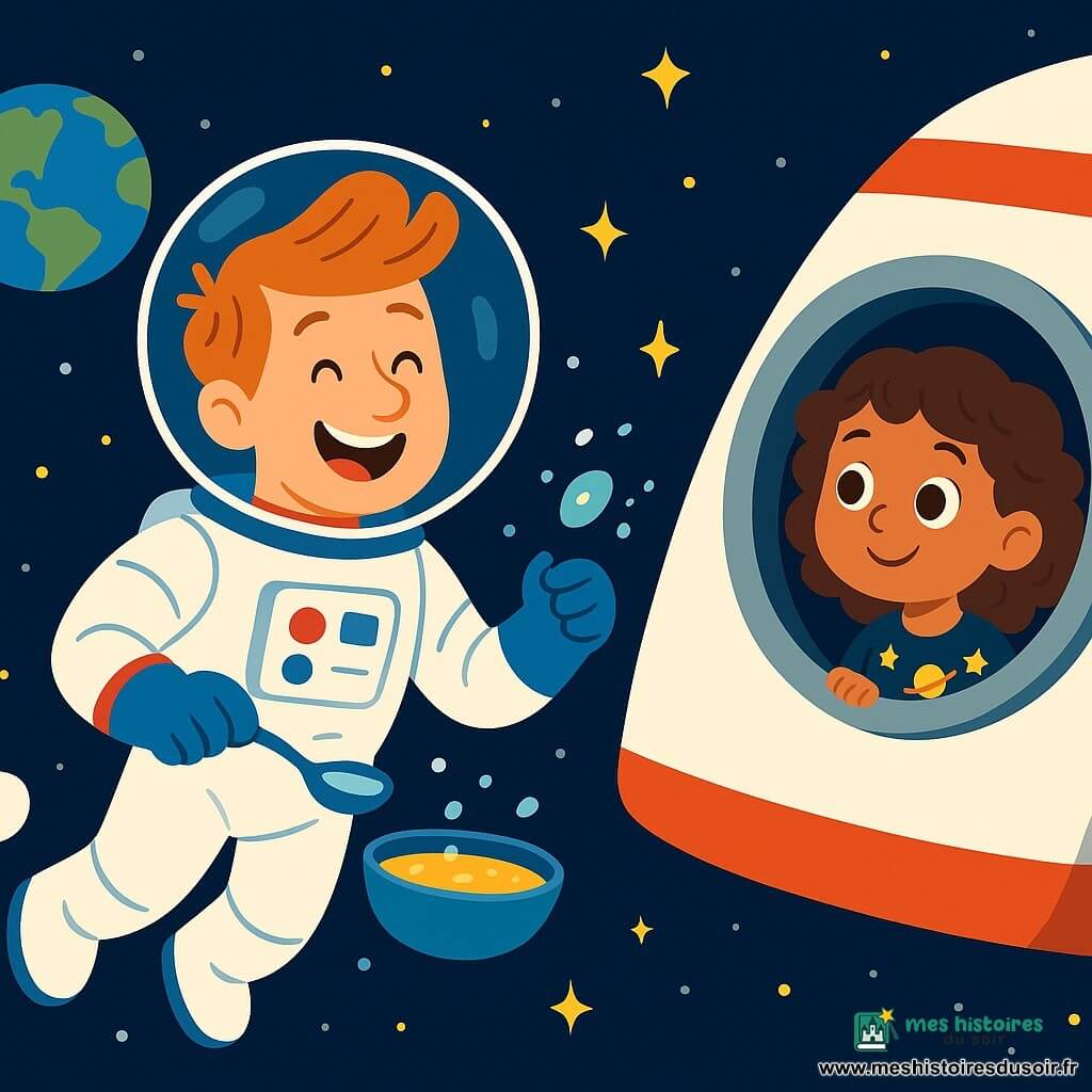 Un astronaute nommé Paul flotte dans l'espace, souriant. Il porte une combinaison spatiale blanche avec des touches de bleu et de rouge, tandis que ses cheveux flottent autour de lui. Près de lui, une petite fille de 7 ans regarde à travers un hublot, émerveillée, avec des cheveux bouclés et un t-shirt étoilé. Le vaisseau spatial est entouré d'un ciel noir parsemé d'étoiles, et la Terre apparaît en arrière-plan. Paul mange une soupe flottante, riant en essayant d'attraper une bulle d'eau brillante.