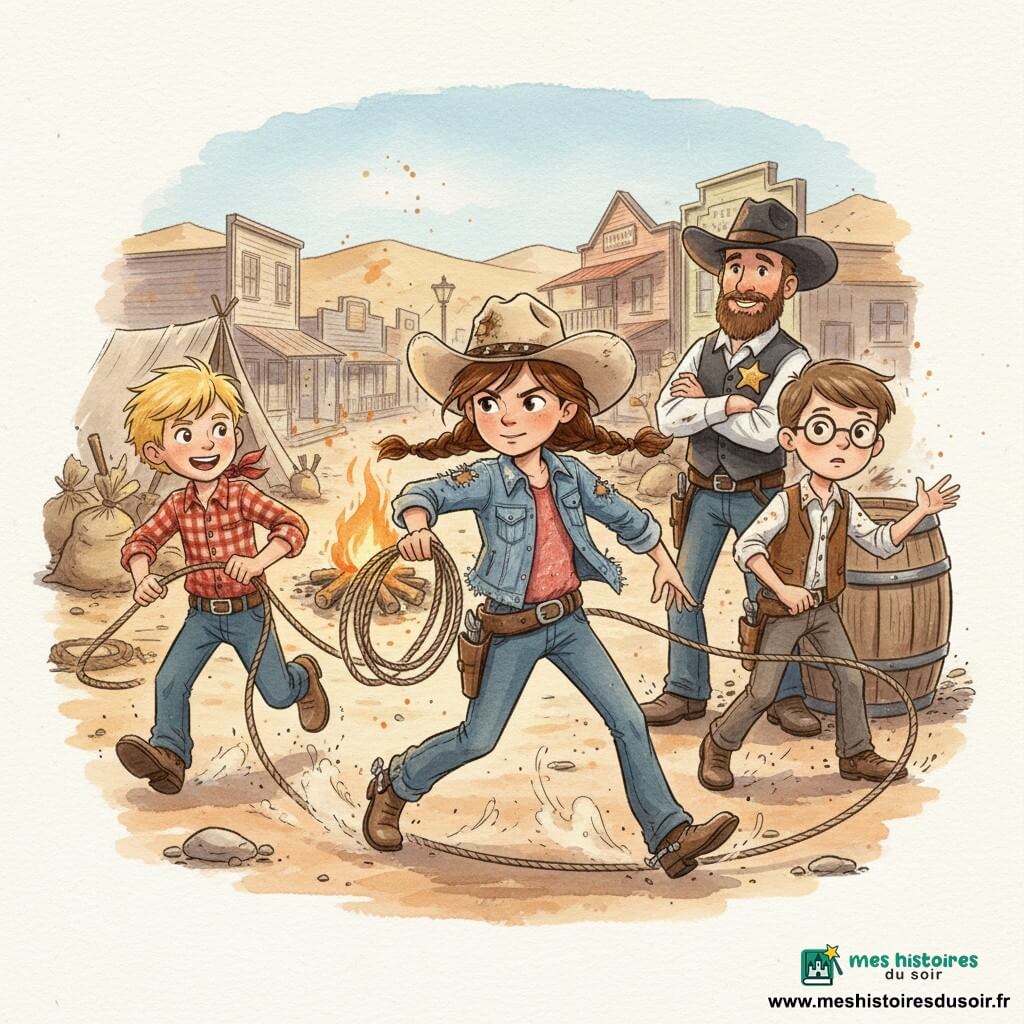 Clara, fille cow-girl d’environ 12 ans au visage concentré, tresse brune et chapeau beige, lance un lasso autour d’un hors-la-loi; Max, garçon de 12 ans aux cheveux blonds et chemise à carreaux rouge, court à gauche en tenant une corde; Tom, garçon de 12 ans aux lunettes rondes et gilet brun, donne des indications à droite; le shérif adulte, chapeau noir et étoile au torse, se tient près d’un vieux baril, bras croisés; en arrière-plan, camp de hors-la-loi avec feu de camp, tentes et sacs renversés, rue principale de Dusty Creek avec maisons en bois, enseignes branlantes et collines ocre à l’horizon; scène dynamique et lumineuse aux couleurs chaudes (ocre, brun, rouge) avec touches de bleu pour le ciel, traits nets et accents aquarelle pour la poussière.