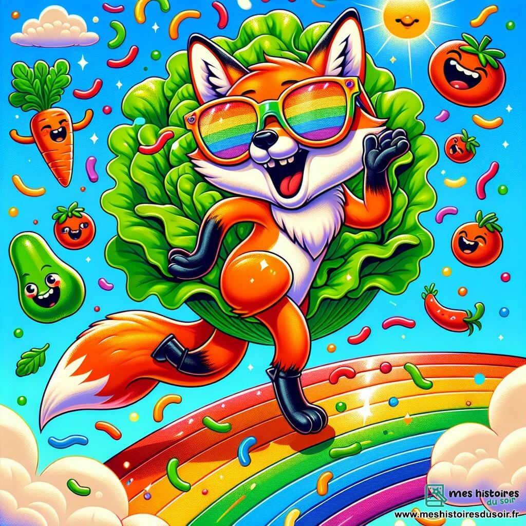 Un renard orange, portant des lunettes multicolores brillantes, danse joyeusement au sommet d'un arc-en-ciel, son visage exprimant excitation et malice. À côté de lui, une salade géante avec des feuilles vertes et des tomates rouges sourit en tournoyant, semblant danser avec lui. En arrière-plan, un ciel bleu parsemé de nuages et de confettis colorés accueille des légumes dansants qui applaudissent, créant une atmosphère festive. La scène illustre le moment où Félix et la salade s'affrontent dans une danse hilarante, entourés d'une ambiance joyeuse et absurde.