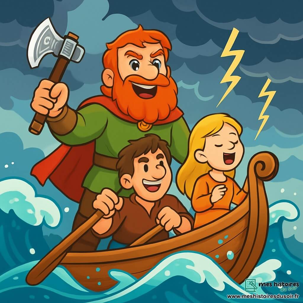 Erik le Rouge, un homme robuste, se tient à la proue d'un drakkar, sa barbe rousse brillant au soleil et ses yeux bleu clair pétillant d'excitation. Il brandit une hache ornée de motifs vikings, prêt à braver la tempête. À ses côtés, Torvald, un homme d'âge moyen aux cheveux bruns, lutte avec une rame contre les vagues tumultueuses. Frey, une jeune fille aux cheveux blonds, chante pour apaiser la mer, ses yeux reflétant courage et espoir. Le drakkar fend une mer orageuse, où des vagues géantes se dressent sous un ciel sombre. Erik et son équipage affrontent ensemble une tempête colossale, déterminés à prouver leur courage et leur solidarité face à la colère des éléments.