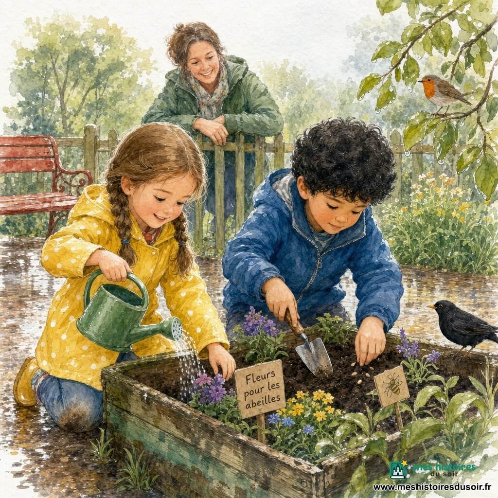 Une fillette de 6 ans joyeuse et concentrée, cheveux châtain clair en deux nattes, manteau jaune à pois et genoux un peu sales, s'agenouille pour arroser un petit bac de fleurs avec un arrosoir vert ; à sa droite Noé, environ 7 ans, sérieux et doux, cheveux bouclés noirs et veste bleue, tient une petite pelle et plante des graines à côté d'elle. Une femme d'environ 40 ans, la gardienne, souriante en veste verte, les encourage depuis l'arrière-plan, mains posées sur une clôture. Le parc, après la pluie, présente un sol brillant, herbe vert vif, gouttes sur les feuilles, un grand bac en bois patiné, un banc métallique rouge et un chemin de gravier mouillé ; terre sombre et humide, petites étiquettes « Fleurs pour les abeilles », un merle sur le bord du bac et un rouge-gorge sur une branche. Palette aquarelle douce avec lavis transparents, touches de jaune chaud et vert tendre, textures humides et éclaboussures subtiles ; focus sur les visages expressifs, les gestes délicats dans la terre et les gouttes d'eau scintillantes dans une ambiance calme et bienveillante.