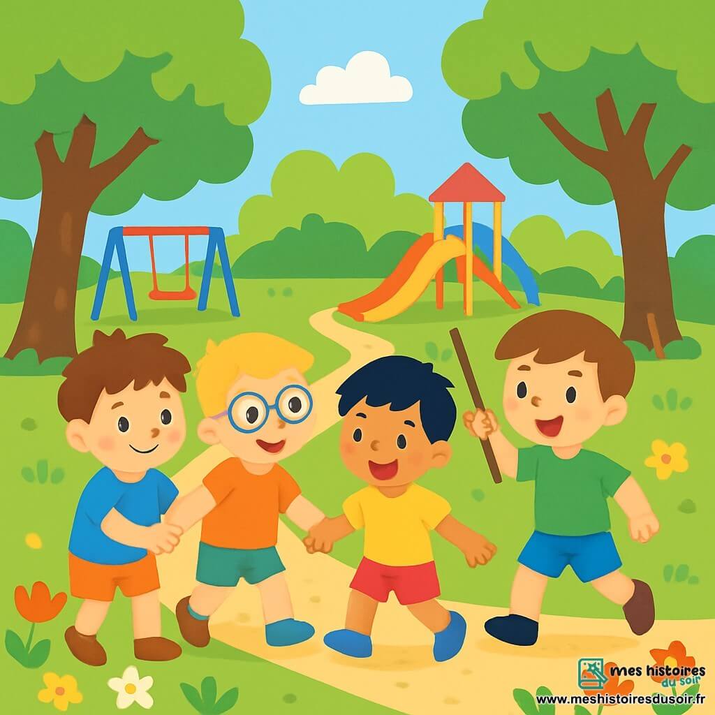 Quatre enfants se tiennent par la main dans un parc verdoyant. Lucas, 6 ans, avec des cheveux bruns en bataille et un t-shirt bleu, est un peu en retrait, souriant timidement. Max, également 6 ans, avec des cheveux blonds et des lunettes rondes, encourage Lucas avec un grand sourire. Hugo, avec des cheveux noirs et un short rouge, tient la main de Lucas, prêt à l'aider. Tom, avec des cheveux châtains et une canne en bois, montre le chemin avec confiance. Le parc est rempli d'arbres et de fleurs, avec un chemin en gravier menant à une aire de jeux. Lucas, hésitant, observe ses amis, tandis que Max et Hugo l'encouragent. Tom, devant, lève sa canne, prêt à les guider dans leur aventure.