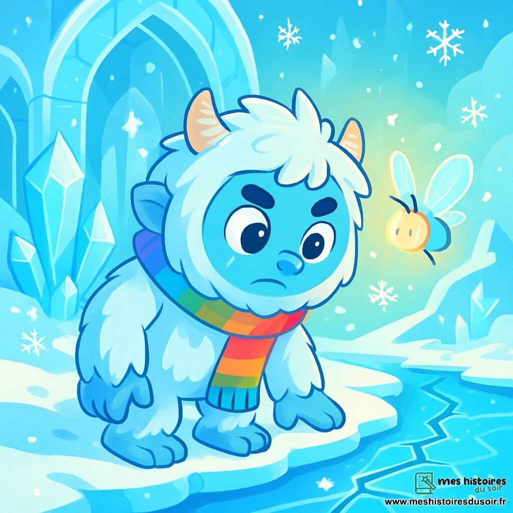 Un yéti curieux au pelage bleu pâle et à l'écharpe arc-en-ciel se tient au bord d'une rivière de givre, observant l'eau scintillante avec détermination. À ses côtés, une luciole de givre illumine la scène. Le décor est un palais de glace majestueux, avec des murs transparents et des sculptures de cristaux. La rivière coule paisiblement, mais des fissures menacent la beauté du palais. Le yéti est prêt à plonger pour sauver son royaume, tandis que la luciole éclaire son chemin, créant une atmosphère magique.