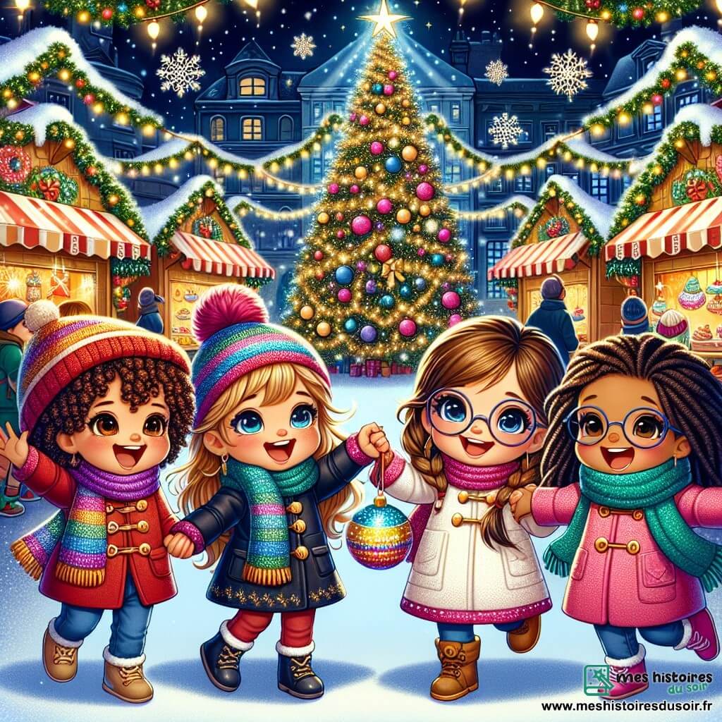 Quatre petites filles de cinq ans se tiennent la main, joyeuses. Lila, avec des cheveux bruns bouclés et un bonnet rouge, sourit. Zoé, aux cheveux blonds tressés et écharpe bleue, admire le sapin. Emma, avec des cheveux châtains et des lunettes, tient une boule de Noël, tandis que Chloé, aux cheveux noirs et lisses, porte un manteau rose et s'exclame. En arrière-plan, le marché de Noël brille avec des stands colorés et un grand sapin orné de lumières. Les amies, entourées de la magie de Noël, sont prêtes pour une aventure inoubliable, découvrant l'esprit de Noël ensemble.