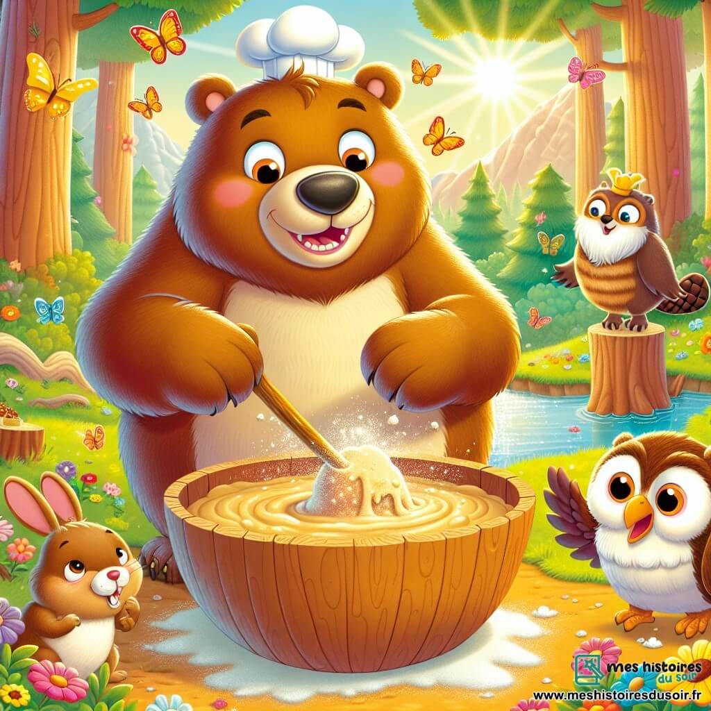 Un grand ours brun nommé Barnabé, aux yeux pétillants et au sourire joyeux, se tient au centre d'une clairière, entouré de fleurs colorées et de papillons. Il mélange une énorme pâte à gâteau dans un grand bol en bois, créant une atmosphère de fête. À sa droite, un castor espiègle nommé Bernard rit en tenant une branche comme une cuillère géante, tandis qu'à gauche, une hiboulette sage nommée Clémence observe la scène depuis une branche, avec un sourire encourageant. La clairière est baignée de lumière dorée, avec des arbres majestueux et une rivière scintillante en arrière-plan. Barnabé, entouré de ses amis, construit un gâteau géant, créant une ambiance joyeuse et festive.