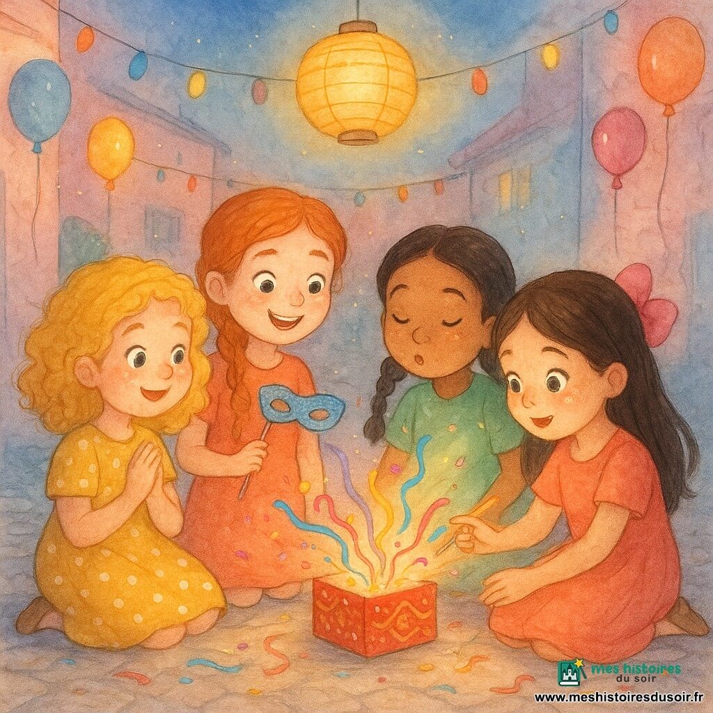 Quatre fillettes (Mila ~7 ans, cheveux blonds bouclés en robe jaune à pois ; Emma ~6 ans, cheveux roux frisés en tresse, masque pailleté à la main ; Zoé ~7 ans, cheveux noirs en tresses, chemise verte, pinceau à la main ; Lila ~7 ans, cheveux bruns avec nœud rose, robe corail) sont assises en cercle dans une petite cour pavée au crépuscule, décorée de guirlandes, ballons et lanterne en papier ; elles ouvrent ensemble une petite boîte rouge ornée de motifs dorés d'où s'échappent confettis scintillants et rubans colorés, leurs visages illuminés par la lumière chaude du coucher de soleil et l'émerveillement.
