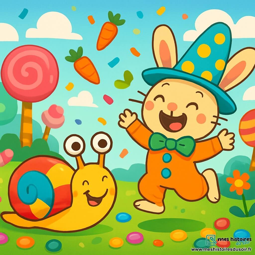 Un petit escargot nommé Gaston, avec une coquille rayée de couleurs vives, sourit joyeusement. Allongé sur l'herbe douce, il est entouré de bonbons multicolores brillants au soleil. À côté de lui, Rocco, un petit lapin en costume de clown, saute de joie, ses grandes oreilles flottant dans l'air. La scène se déroule dans une clairière enchantée avec des arbres en bonbons et des fleurs éclatantes. Gaston et Rocco s'amusent à attraper des carottes volantes, riant sous une pluie de confettis colorés.