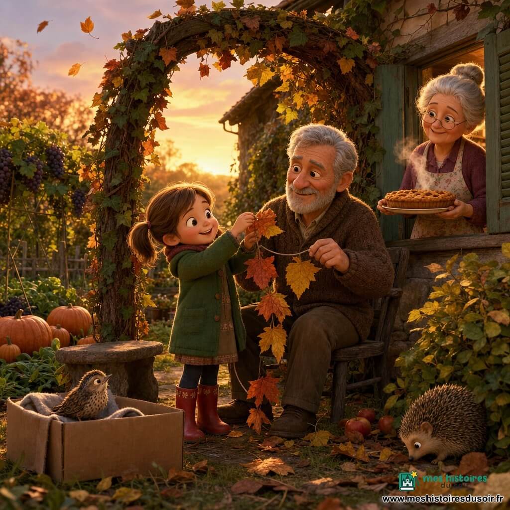 Lili, 6 ans, cheveux châtain clair en couettes, manteau vert et bottes rouges, souriante et concentrée, accroche au crépuscule une guirlande de feuilles d'automne à la tonnelle en bois tandis que la lumière dorée traverse les feuilles; Papi, ~70 ans, cheveux gris et barbe courte, pull brun, assis sur une chaise en bois, sourit et tient la ficelle; Mamie, ~68 ans, cheveux blancs en chignon, tablier à fleurs, tient un plat de tarte fumante près d'une fenêtre ouverte et regarde avec tendresse; au sol près de Lili un petit oiseau mouillé dans une boîte, et un hérisson fouille sous un buisson près de pommes tombées; jardin chaleureux avec tapis de feuilles rouges, oranges et jaunes, citrouilles, treille à raisins violets, banc en pierre; ambiance douce au vent léger, couleurs chaudes et contrastes nets, composition centrée sur la guirlande et les visages accueillants.