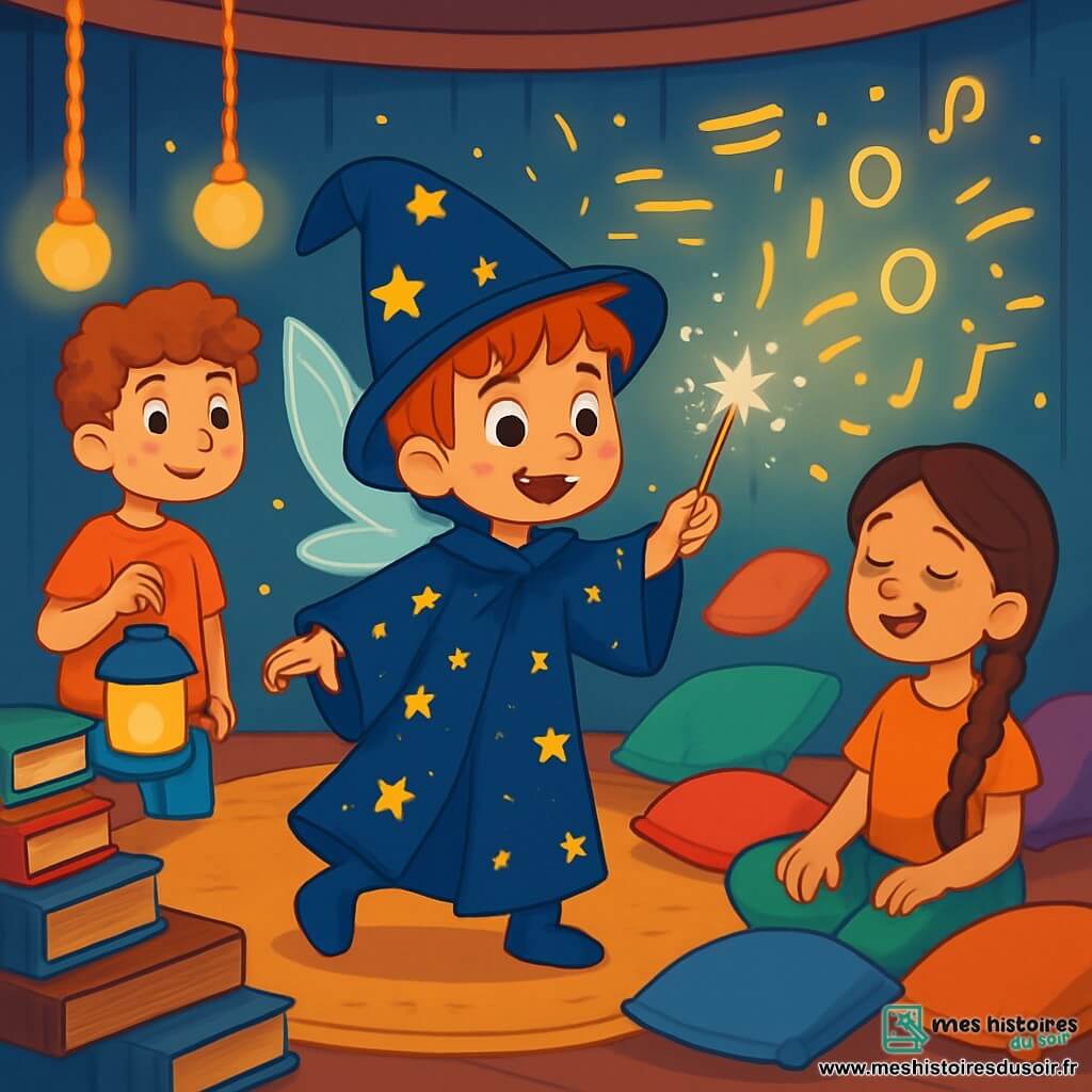 Léo, un apprenti sorcier de huit ans, se tient au centre de la chambre d'ondes, les yeux brillants d'excitation. Il porte une robe de sorcier trop grande et tient une aiguille scintillante. À ses côtés, Nila, une messagère nocturne, l'observe avec bienveillance. Tom, un garçon de neuf ans, tient une lanterne lumineuse, et Maya, une fille de huit ans, chante doucement, entourée de coussins colorés. La chambre d'ondes est ronde, remplie de coussins et de livres anciens, avec des cordes vibrantes et un mur de souvenirs scintillants. Léo est sur le point de coudre des liens invisibles avec l'aiguille magique, créant une atmosphère enchantée.