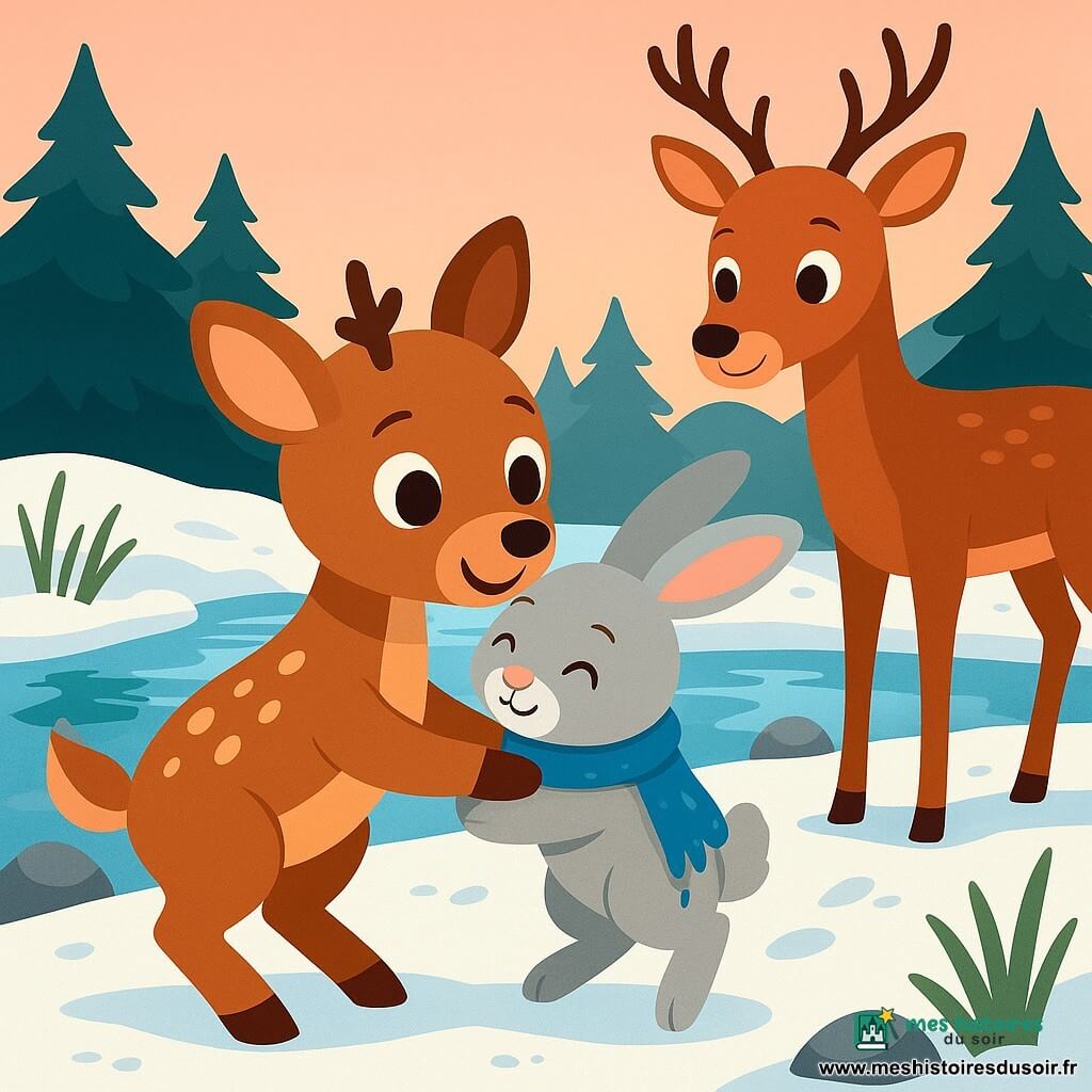 Un jeune renne brun clair tacheté crème, Nilo, aux grands yeux et bois courts enlace joyeusement un petit lapin gris, Pim, aux longues oreilles et écharpe bleue humide; un cerf ambré élancé, Orin, les observe avec bienveillance au bord d’une rivière claire aux roseaux et pierres lisses, sur une neige texturée par des empreintes, encadrés de sapins sombres, sous une douce lumière de fin de journée rose-orangée.
