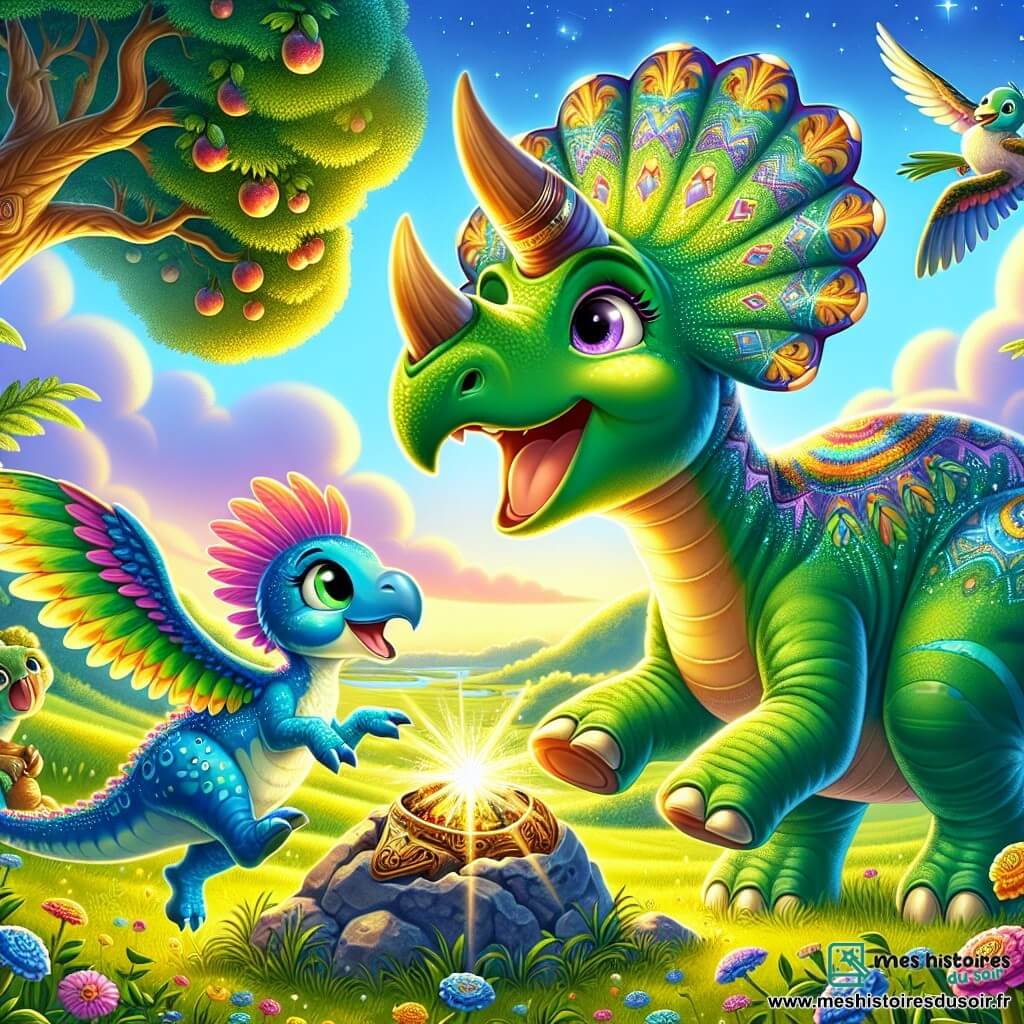 Un tricératops nommé Trixie, avec une peau verte éclatante et une grande collerette colorée, exprime une joie contagieuse en sautant, ses cornes scintillant au soleil. À ses côtés, Dino, un jeune diplodocus au long cou bleu, sourit en touchant un artefact ancien brillant sur un rocher. Lila, une petite vélociraptor aux plumes roses, se tient en retrait, les yeux écarquillés, prête à bondir de joie. La scène se déroule dans une plaine verdoyante, parsemée de fleurs, sous un ciel bleu, avec un grand arbre à fruits en arrière-plan. Trixie et ses amis découvrent un artefact mystérieux, entourés d'une atmosphère magique et joyeuse, symbolisant l'amitié et l'aventure.