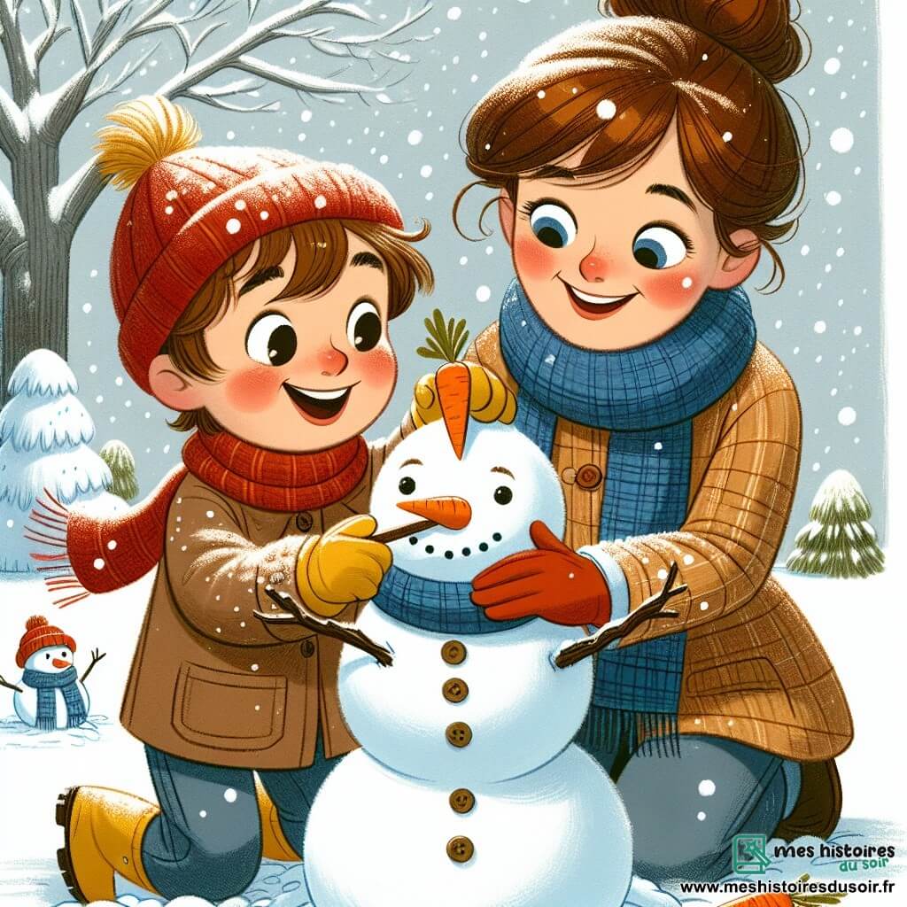 Un petit garçon de 5 ans, Lucas, avec des cheveux bruns en bataille et des joues roses, construit un bonhomme de neige. Il porte un bonnet rouge, une écharpe bleue et des gants jaunes, affichant un grand sourire. À côté de lui, sa maman, une femme d'environ 30 ans avec des cheveux châtains en chignon, l'observe fièrement, tenant une carotte pour le nez du bonhomme. La scène se déroule dans un parc enneigé, avec des arbres recouverts de neige scintillante et des flocons tombant doucement, créant une atmosphère magique. Lucas et sa maman rient et s'amusent ensemble en façonnant le bonhomme de neige.