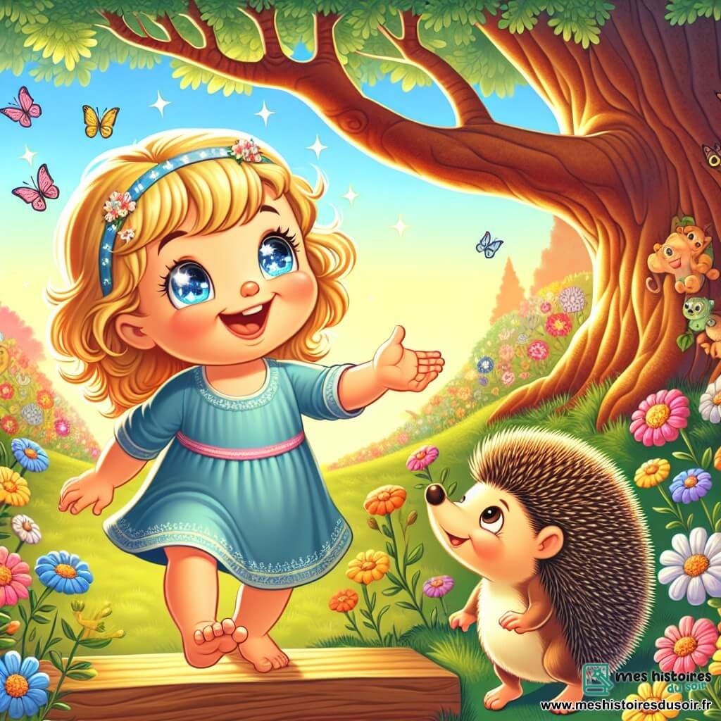 Lila, une petite fille d'un an aux grands yeux brillants et aux cheveux dorés, se tient dans un jardin magique. Elle sourit avec excitation en tendant les bras vers Picot, un hérisson adorable aux piquants doux et aux yeux pétillants. Le jardin est coloré, avec des fleurs dansantes et des papillons virevoltant. Lila, pleine d'enthousiasme, grimpe sur une marche en bois pour récupérer son doudou coincé dans les branches d'un vieux chêne, déterminée à aider son ami Picot à retrouver son trésor.