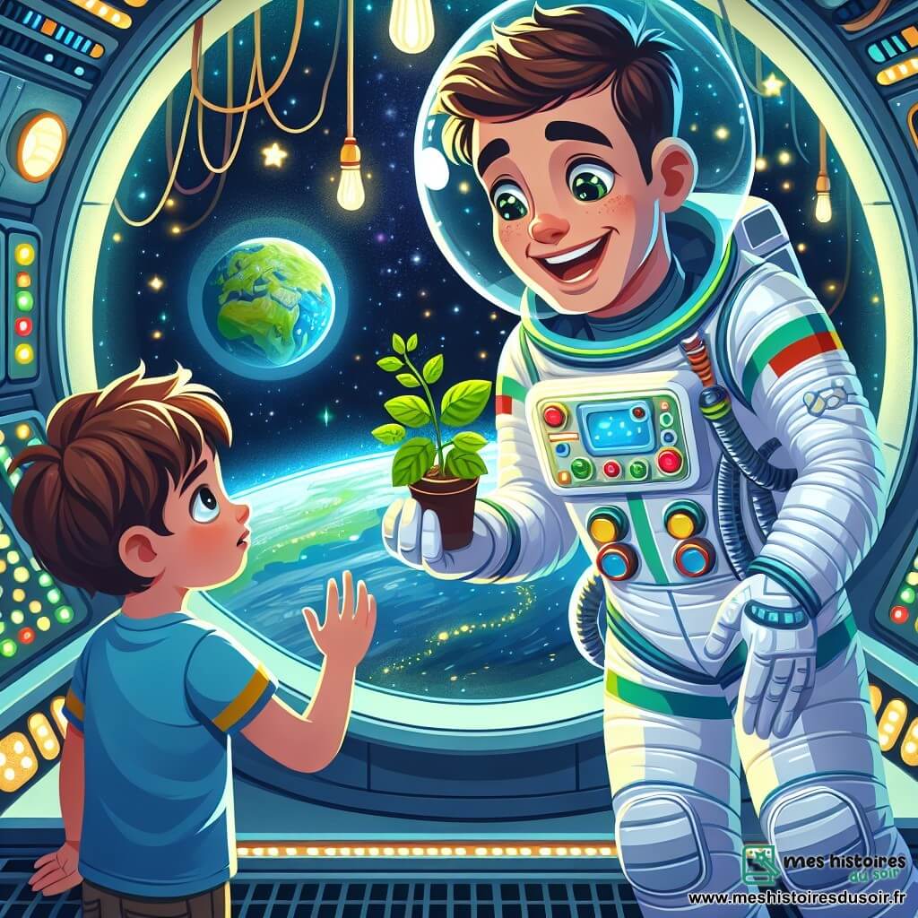 Un astronaute nommé Paul flotte dans une station spatiale, souriant et excité dans sa combinaison blanche avec des détails colorés. Il montre une plante à Léo, un garçon de 8 ans aux cheveux bruns en bataille, qui l'observe avec émerveillement en pointant la Terre visible par la fenêtre. La station est remplie de panneaux lumineux et de machines futuristes. Paul explique à Léo comment il s'occupe des plantes en apesanteur, tandis que des étoiles scintillent à l'extérieur, créant une atmosphère magique.