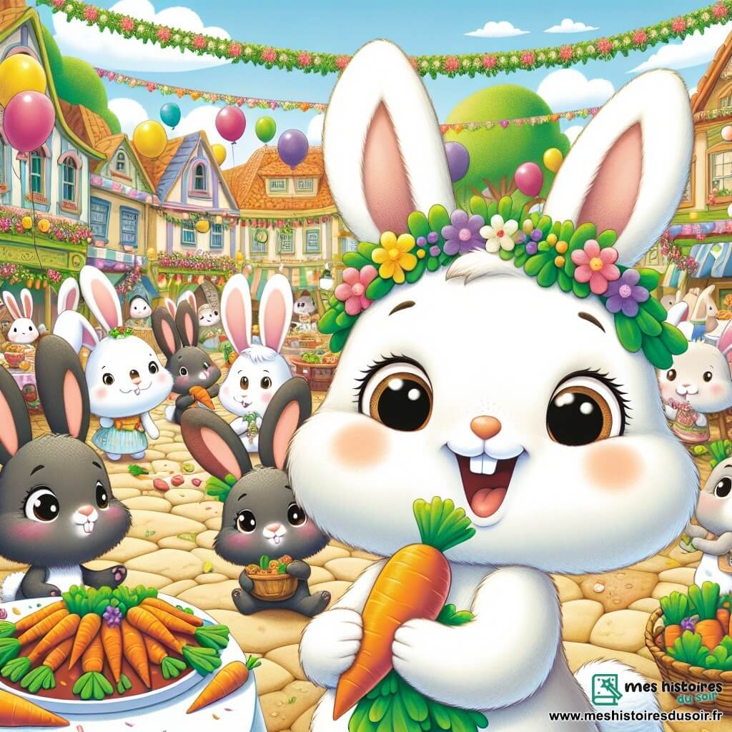 Illustration d'un jeune lapin au pelage blanc avec des taches brunes, aux yeux malicieux et souriant tout en tenant une carotte. À ses côtés, une maman lapin au pelage gris, regardant son petit avec émotion, porte un panier de carottes fraîches. En arrière-plan, un garçon et une fille lapins tachetés de noir et de blanc sautillent joyeusement, rayonnants de bonheur. Le cadre est une place animée de Lapinouville, décorée de fleurs et de ballons, où des tables sont chargées de plats pour une fête. Le jeune lapin guide sa famille vers une célébration de solidarité, réunissant les habitants pour partager nourriture et rires dans une ambiance chaleureuse. Des jeux comme une course en sac et un spectacle de marionnettes ajoutent à la joie, avec des lapins de différentes couleurs et tailles, tous souriants.