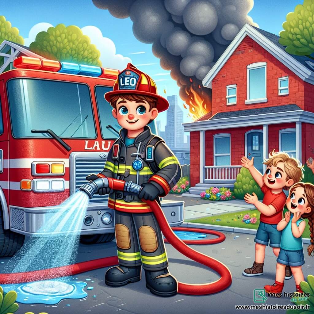 Un pompier nommé Paul se tient à côté de son camion rouge, souriant avec fierté. Il porte un casque brillant et une combinaison rouge avec des bandes réfléchissantes. À ses côtés, Léo, un garçon de 8 ans aux cheveux blonds en t-shirt bleu, l'admire les bras levés. Mia, une fille de 6 ans aux cheveux bruns en tresse et robe rose, applaudit joyeusement. La scène se déroule devant une maison en briques rouges, entourée d'arbres verts et de fleurs colorées. Paul utilise un tuyau d'incendie pour éteindre un feu à l'arrière de la maison, tandis que Léo et Mia regardent avec émerveillement.
