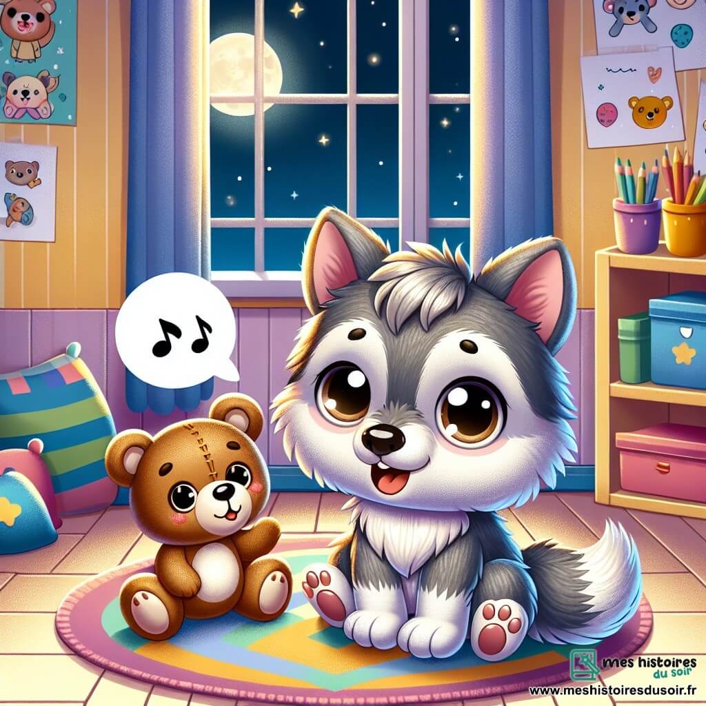 Illustration d'un petit loup au pelage gris et aux yeux brillants, assis sur un tapis coloré, exprimant curiosité et hésitation tout en chantant doucement. À ses côtés, un ours en peluche brun, amical et réconfortant, l'écoute attentivement. La scène se déroule dans une salle de classe chaleureuse aux murs jaunes pastel, remplie de livres colorés et de dessins d'enfants. Une lumière de lune crée une ambiance apaisante. Le petit loup chante pour surmonter sa peur du noir, entouré de ses amis en peluche. Des étoiles scintillantes, des coussins colorés et une lumière tamisée ajoutent une atmosphère magique.