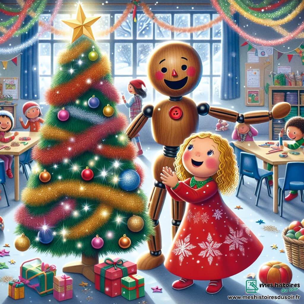 Au centre de l'image, Loulou, un bonhomme en bois souriant, danse autour d'un sapin de Noël décoré. À ses côtés, Clara, une petite fille aux cheveux blonds, porte une robe rouge et tient un bonhomme en papier offert par Loulou. En arrière-plan, la salle de classe est décorée de guirlandes et de flocons de neige, tandis que des enfants préparent des biscuits en forme d'étoiles. La scène reflète l'esprit de Noël, avec des rires et des chants résonnant.