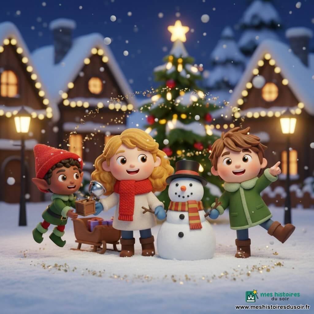 Chloé, 4 ans, souriante aux yeux brillants et boucles dorées, en écharpe rouge et gants bleus, tinte une petite cloche argentée en tenant la main d’un bonhomme de neige; Lucas, ~5 ans, cheveux bruns en bataille, manteau vert, glisse sur la neige en pointant le ciel; le lutin Loulou, malicieux en chapeau rouge et bottines vertes, flotte près d’un traîneau miniature en tendant une boîte en bois; décor : jardin enneigé du village de Lunéville avec maisons en bois aux toits blancs, guirlandes lumineuses, lampadaires chauds et sapin décoré; la scène nocturne est féerique — paillettes dorées, flocons doux, ambiance chaleureuse contrastant avec la neige; style : figurines 3D rondes, textures laine et bois, reflets métalliques sur la cloche et halos lumineux.