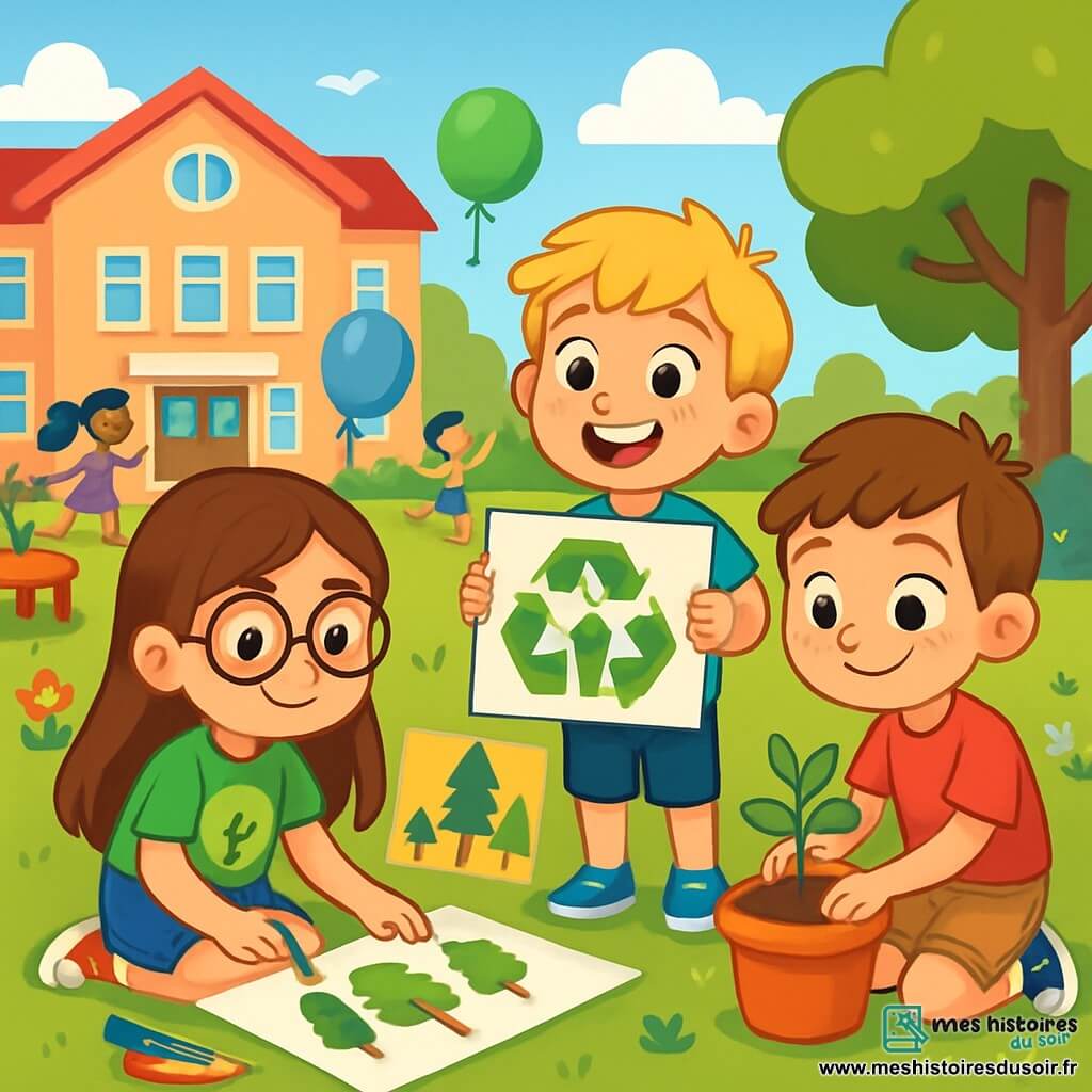 Trois personnages sont présents : Zoé, une fille de 7 ans avec des cheveux bruns et des lunettes, dessine des arbres sur l'herbe. Hugo, un garçon aux cheveux blonds, tient une pancarte sur le recyclage et sourit à ses amis. Léo, avec des cheveux châtains et des taches de rousseur, plante une petite plante à côté de Zoé. L'action se déroule dans la cour d'une école animée, pleine de fleurs et de ballons, où les enfants préparent un événement écologique pour rendre leur école plus verte.