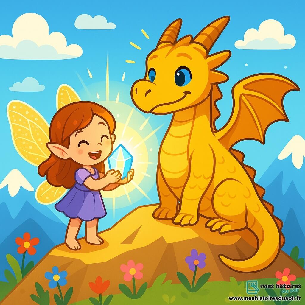 Au sommet d'une montagne lumineuse, une fée nommée Lila, aux grandes ailes scintillantes, sourit émerveillée en tenant un cristal brillant. À ses côtés, un dragon aux écailles dorées exprime sa gratitude, ses ailes déployées. Le paysage enchanteur est composé de sommets étincelants, de fleurs colorées et d'un ciel bleu clair. Lila et le dragon célèbrent la magie retrouvée, entourés d'une aura de lumière symbolisant leur amitié et leur joie.