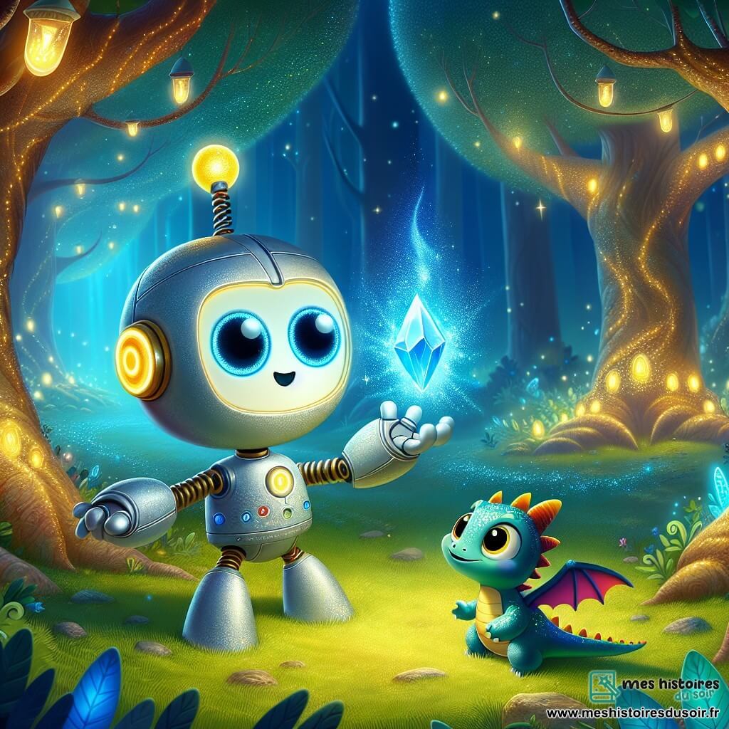Ziggy, un petit robot aux yeux en forme de boutons et aux bras en ressorts, sourit d'excitation en touchant une pierre magique bleue qui scintille. Son corps argenté avec des accents jaunes et son sac à dos en forme de nuage ajoutent à son allure. À ses côtés, Flammou, un petit dragon aux écailles multicolores, admire la pierre avec curiosité, prêt à s'envoler. La scène se déroule dans une clairière enchantée, entourée d'arbres géants aux feuilles lumineuses et de lucioles, créant une atmosphère magique. Ziggy et Flammou se tiennent face à la pierre, prêts pour une aventure incroyable, tandis qu'une brume scintillante enveloppe la clairière, ajoutant du mystère à leur rencontre.