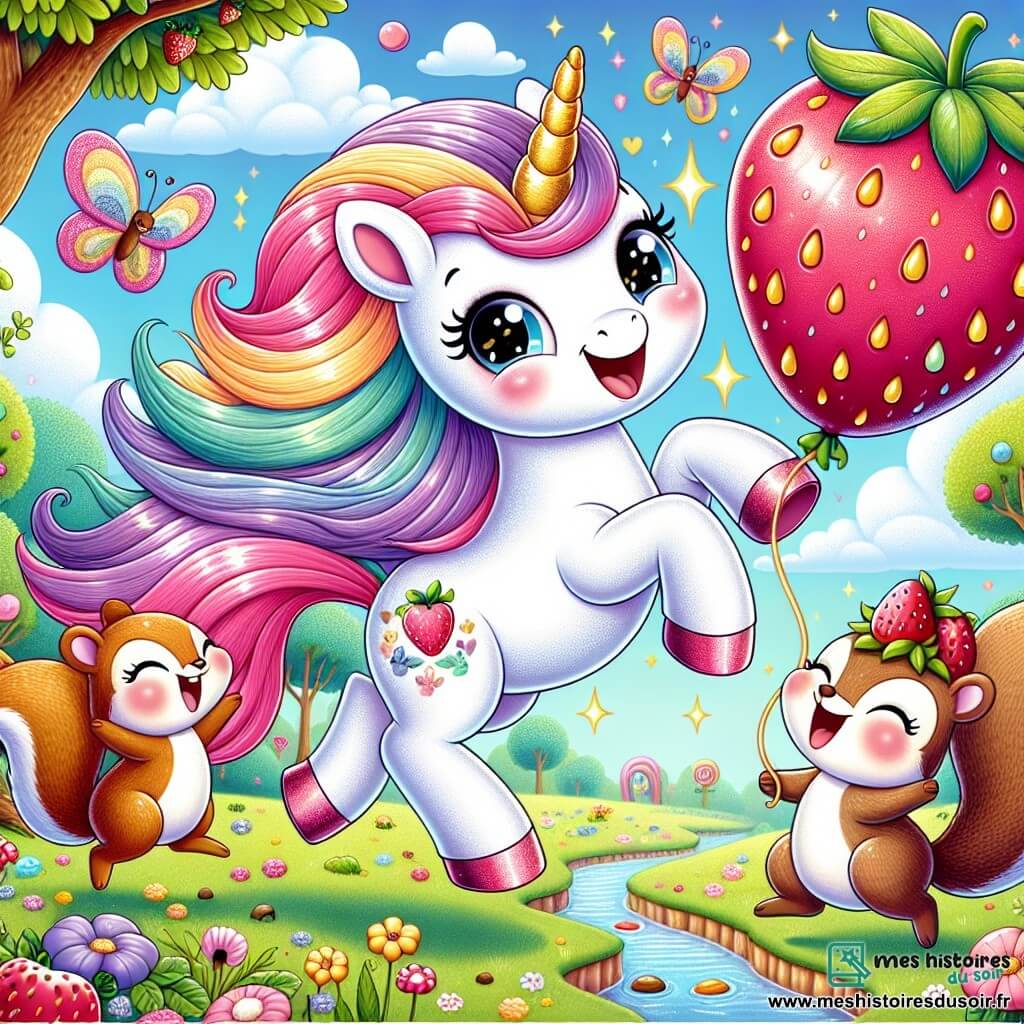 Au centre de l'image, une licorne nommée Chapichou, joyeuse, avec une crinière colorée, effectue une pirouette. Ses yeux brillent d'excitation et son sourire illumine son visage. Elle a un corps blanc scintillant et une corne dorée qui brille au soleil. À côté d'elle, deux écureuils, Farfouilleur et Grignote, sautent de joie. Farfouilleur tient un ballon en forme de fraise, tandis que Grignote rit aux éclats. La scène se déroule dans une forêt enchantée avec des arbres aux feuilles en bonbon et des rivières de jus de fruits. Chapichou et ses amis jouent joyeusement avec le ballon, créant une atmosphère festive.