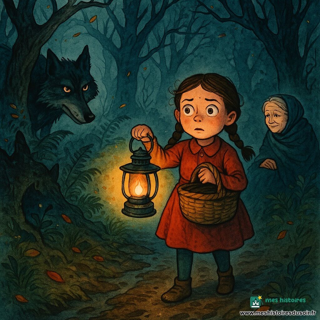 Une fillette de 8 ans, petite et vive, visage rond tacheté de rousseur, nattes brunes serrées et grands yeux attentifs, tient contre sa poitrine une vieille lanterne métallique et un panier en osier sur un sentier boueux; une grand-mère frêle d’environ 70 ans, cheveux gris en chignon et châle, est allongée légèrement en arrière à la lisière de la forêt en souriant faiblement à la fille; un grand loup noir et gris, museau allongé et yeux luisants, se cache partiellement derrière un buisson et une souche à gauche du sentier, oreilles dressées et posture à la fois menaçante et curieuse; la scène nocturne à la lisière d’une forêt dense montre arbres tordus, fougères humides, brume basse et feuilles au vent, la lanterne projetant un cercle de lumière chaude contrastant avec le bleu-vert froid de la forêt, composition centrée sur le triangle fille-lanterne-loup pour souligner le courage face au danger.