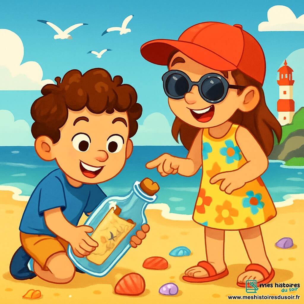 Léo, un garçon de 8 ans aux cheveux bouclés et au sourire malicieux, est accroupi sur le sable, tenant une bouteille en verre contenant un vieux parchemin. À ses côtés, Zoé, une fille de 8 ans avec une casquette rouge et des lunettes de soleil, porte une robe à fleurs et pointe avec excitation vers le parchemin. Ils se trouvent sur une plage ensoleillée avec du sable doré, des vagues douces, des coquillages colorés, des rochers recouverts d’algues et un vieux phare. Leur découverte du parchemin suscite surprise et émerveillement, sous un ciel bleu parsemé de nuages blancs et des mouettes volant au-dessus d'eux.