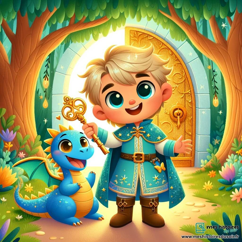 Un petit prince de 7 ans, aux grands yeux doux et aux cheveux dorés, sourit en tenant une clé magique brillante. Il porte une tunique bleue ornée d'étoiles dorées et des bottes en cuir. À ses côtés, un petit dragon bleu aux écailles scintillantes et aux yeux malicieux se réveille, ses ailes étendues. Ils se trouvent dans une forêt enchantée, entourés d'arbres épais et de fleurs colorées, sous un doux rayon de soleil. Devant eux se dresse une grande porte dorée, cachée sous la mousse, que le prince s'apprête à ouvrir avec sa clé pour découvrir un monde magique.