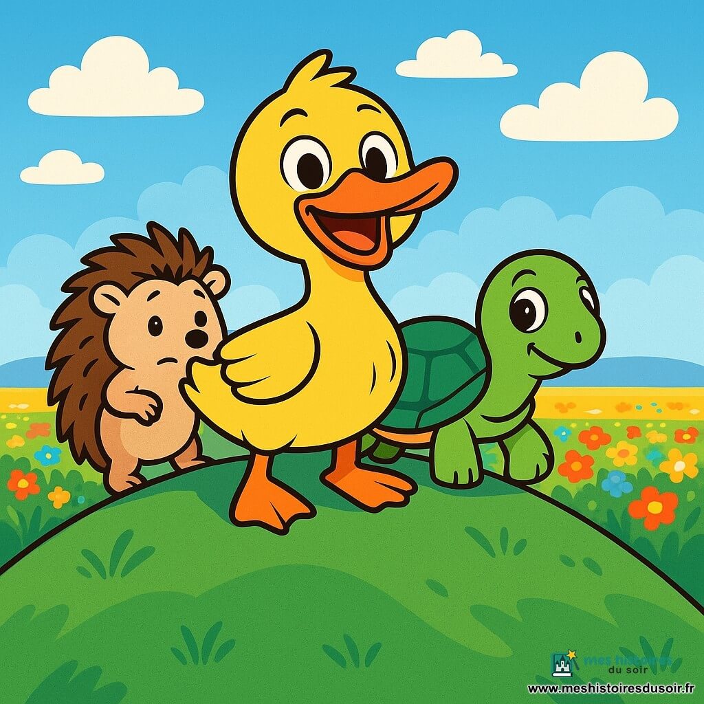 Un canard audacieux nommé Coquin, avec un plumage jaune éclatant et un bec orange, se tient au sommet d'une colline verdoyante, les yeux brillants d'excitation. À ses côtés, une tortue sage nommée Tilly avance lentement, admirant le paysage. Un hérisson nommé Timon, un peu inquiet, se tient derrière Coquin, prêt à l'aider. En arrière-plan, un ciel bleu clair est parsemé de nuages blancs, tandis qu'une plaine colorée de fleurs s'étend à perte de vue. Coquin et ses amis découvrent la beauté de la nature, entourés de rires et de joie, prêts à partager leur aventure.